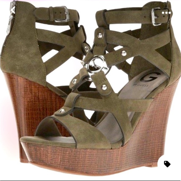 GUESS Olive Green Wedge Sandals 6.5 Heel Height 4.5 inches - Picture 1 of 6